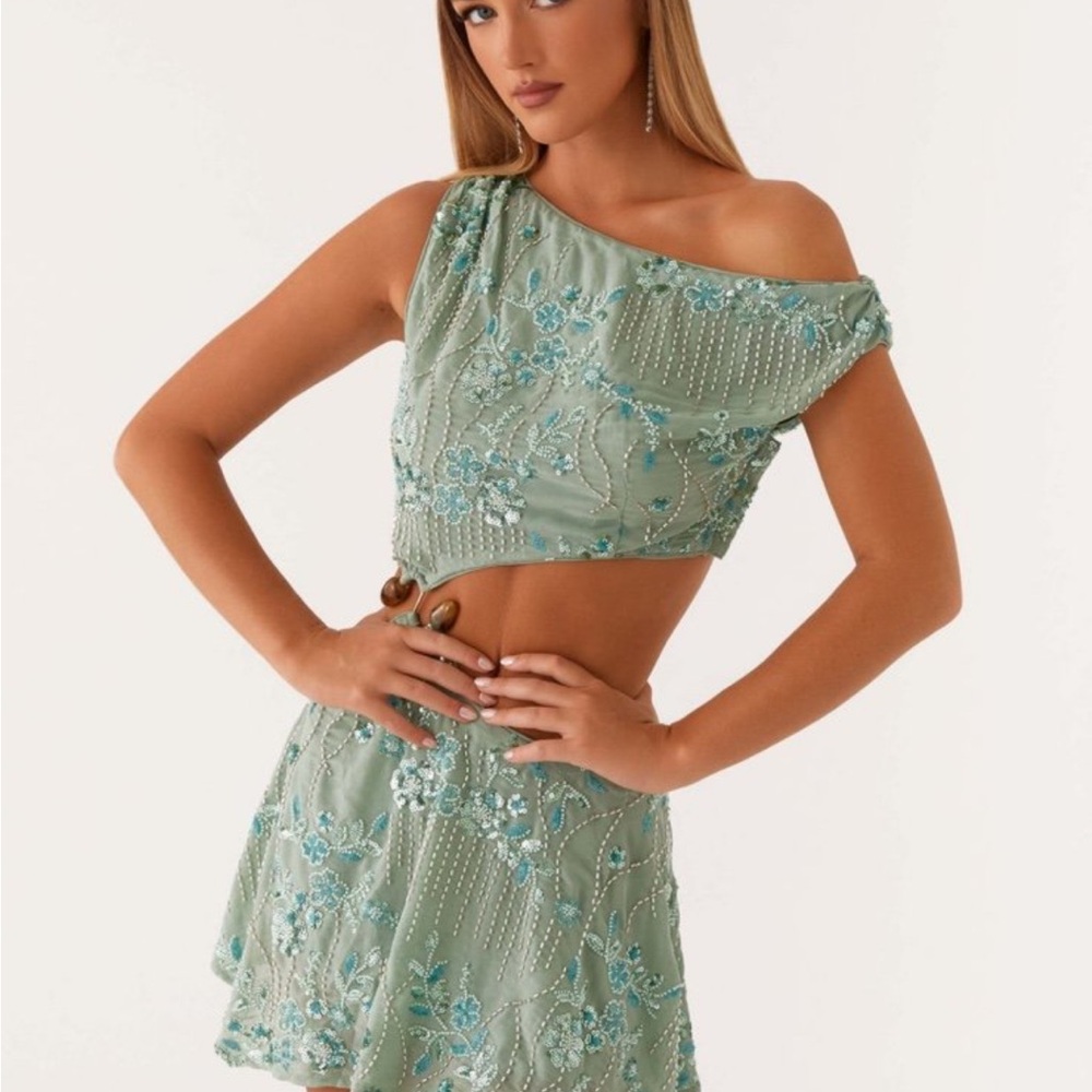 Peppermayo Elegant Green Embroidered mini dress